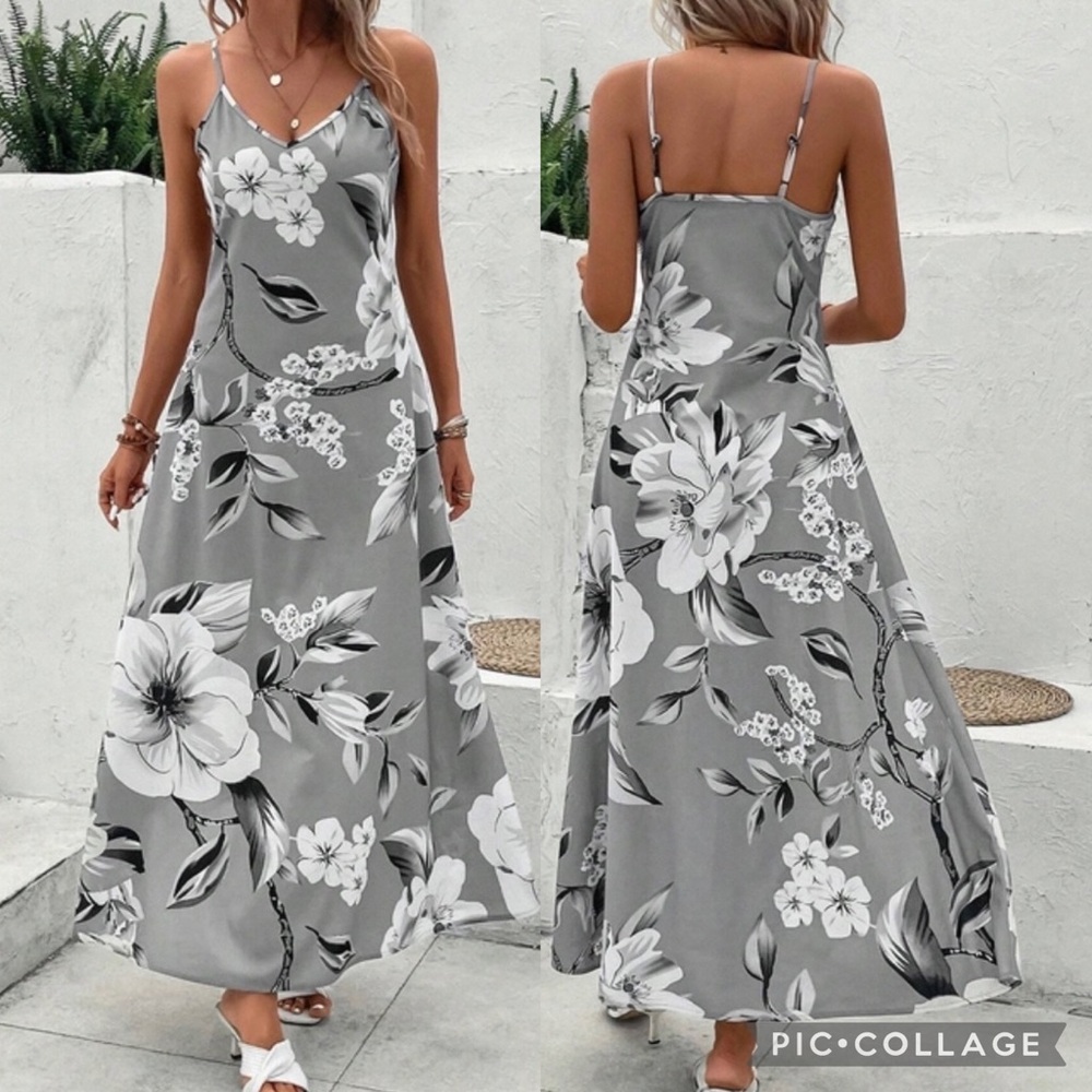 New Dress Spaghetti Strap Sleeveless Maxi Long Floral Satin Slip Gray White NWT